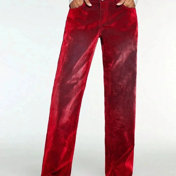 Red Casual Women's Fleeced Thick Loose High Waist Wide Leg Jeans - Picture 4 of 6